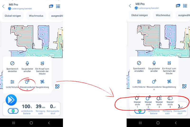 Die Wasserintensität wird in der Proscenic Robortic App festgelegt